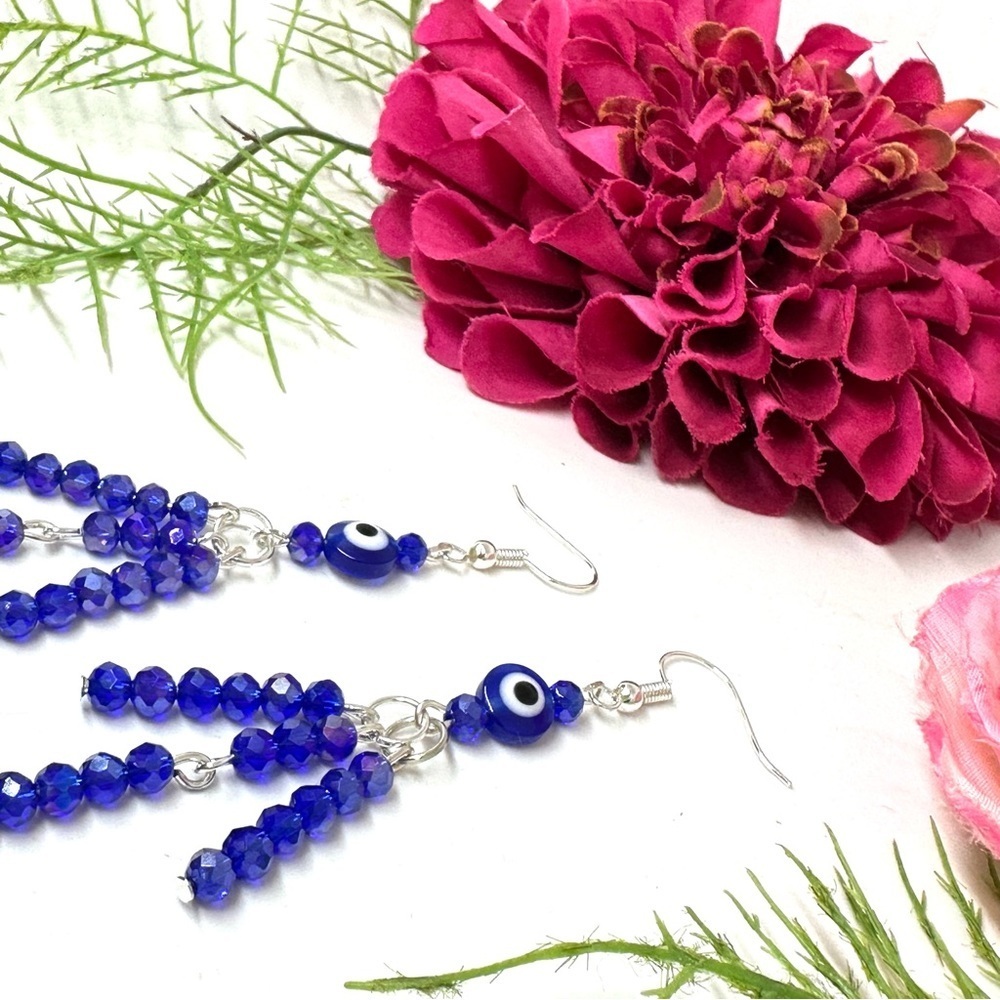 NEW⚜️Handmade Evil Eye Crystal Fringe Earrings - Picture 4 of 6